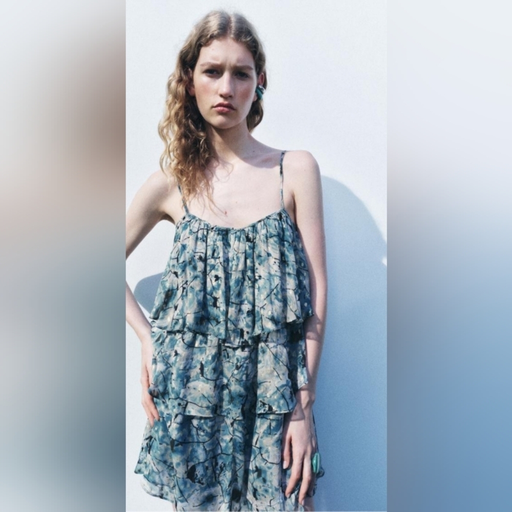 Tiered Floral Spaghetti-Strap Mini Dress in Teal Blue